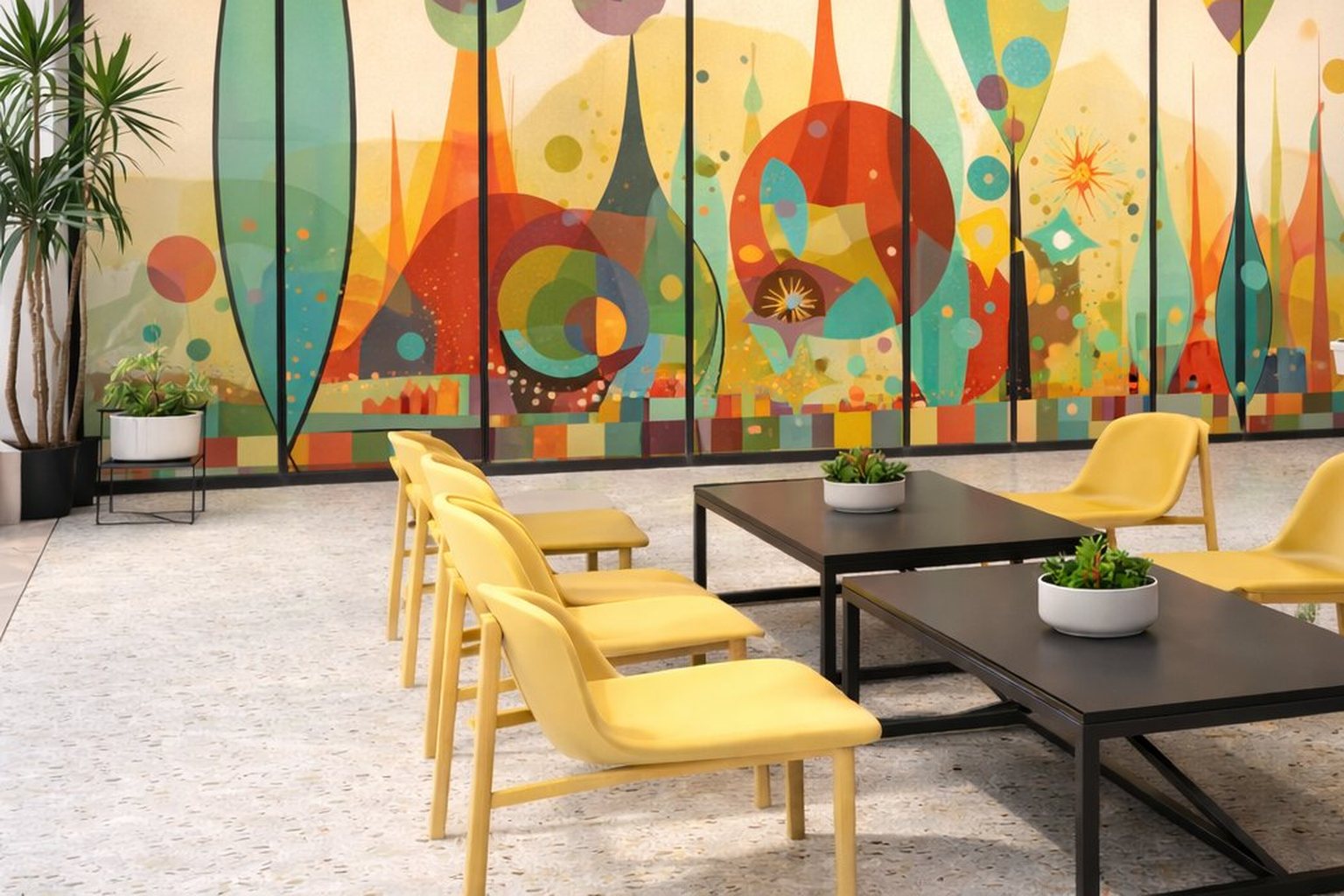Yellow lounge chairs and communal tables in the social lounge, with a colorful mural behind